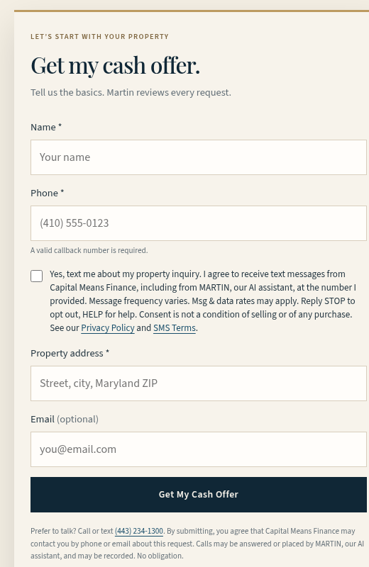 Capital Means Finance cash-offer form showing the unchecked optional SMS consent checkbox and its disclosure text